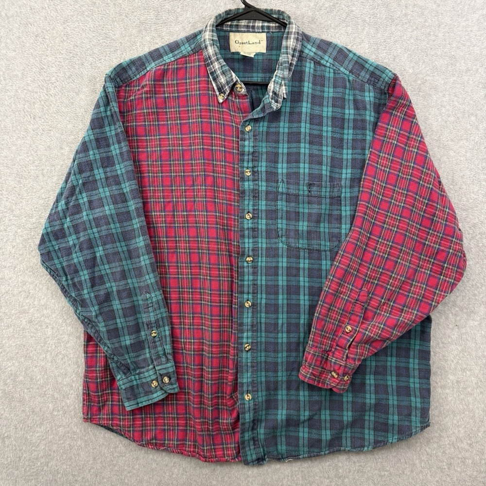 Vintage 90s GREATLAND Split Plaid Patchwork Flannel Shirt Grunge Rare 2XL Big